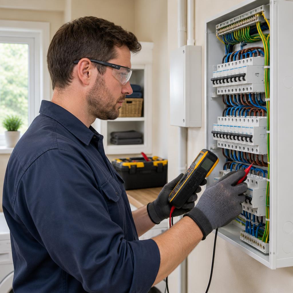 Electrician inspecting an electrical distribution board