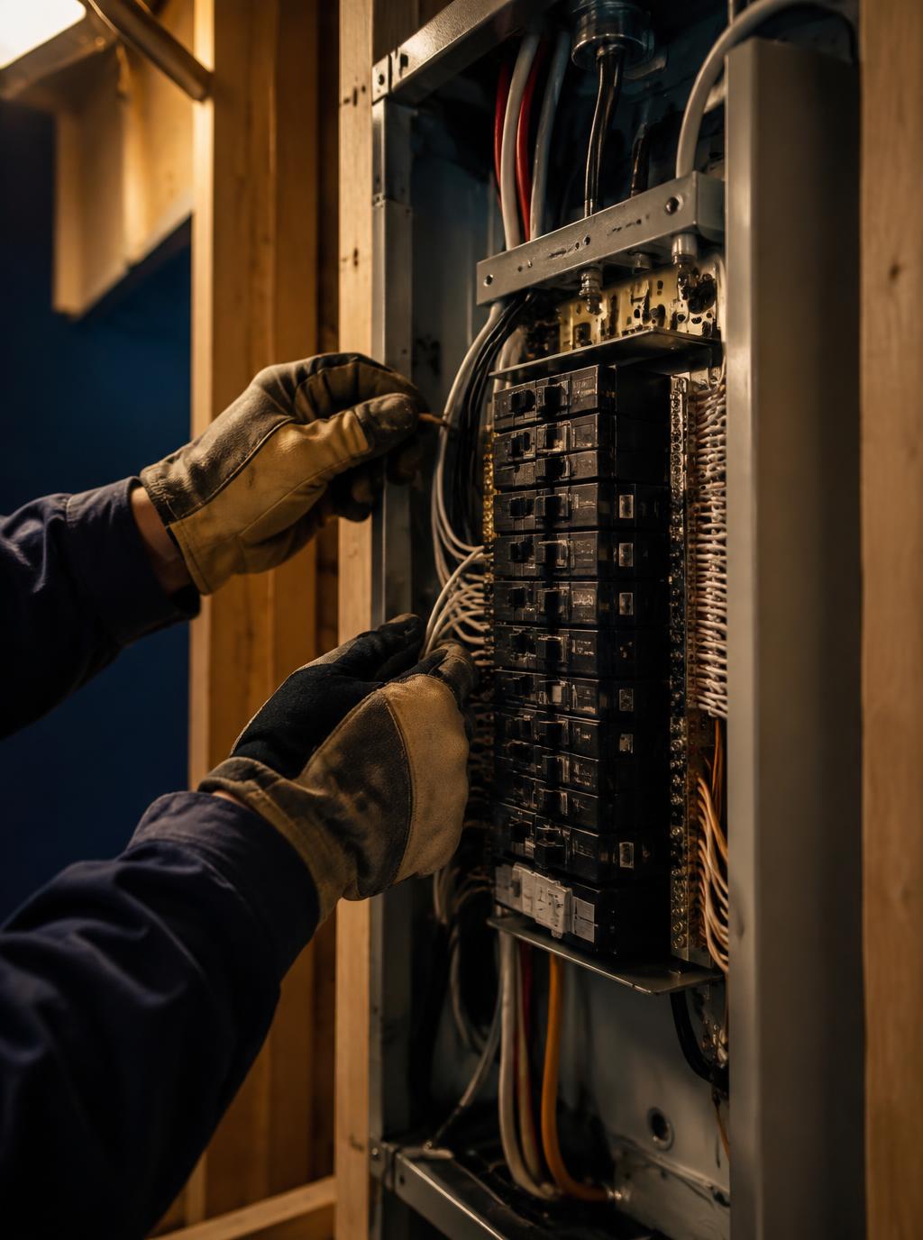 Gloved hands wiring a modern consumer unit